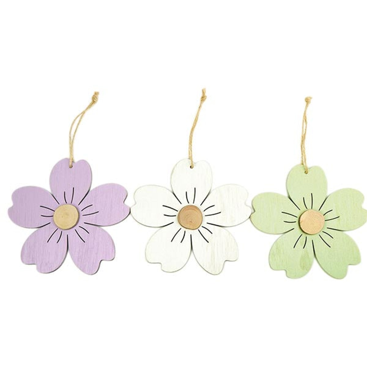Fleur en bois XL à suspendre, 13x13cm, 3 couleurs assorties.