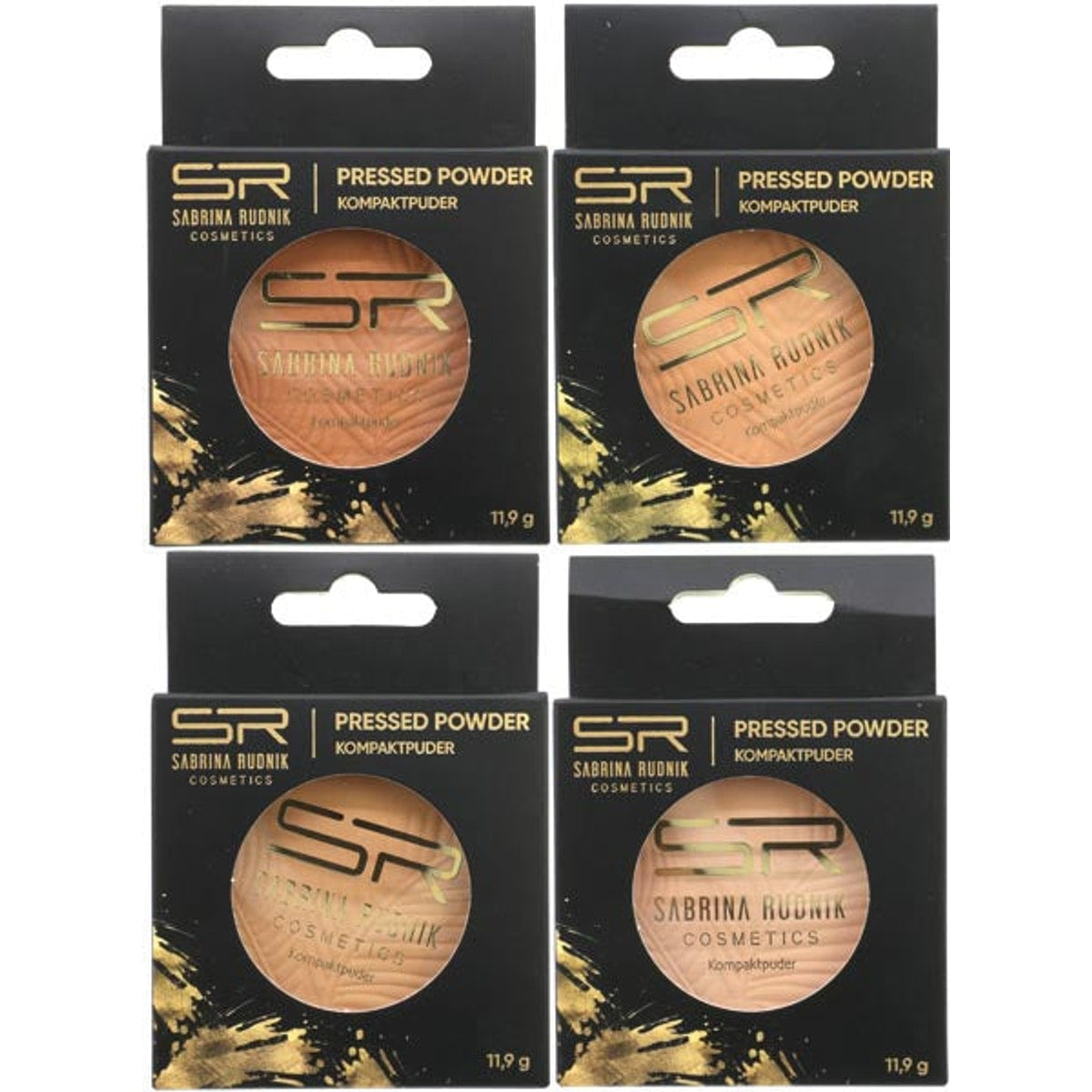 Poudre compacte cosmétique 11,5 g en boîte, 4 teintes assorties.