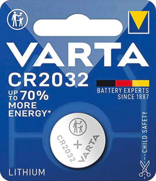 Pile bouton Varta CR2032, 1 pièce, carte incluse.