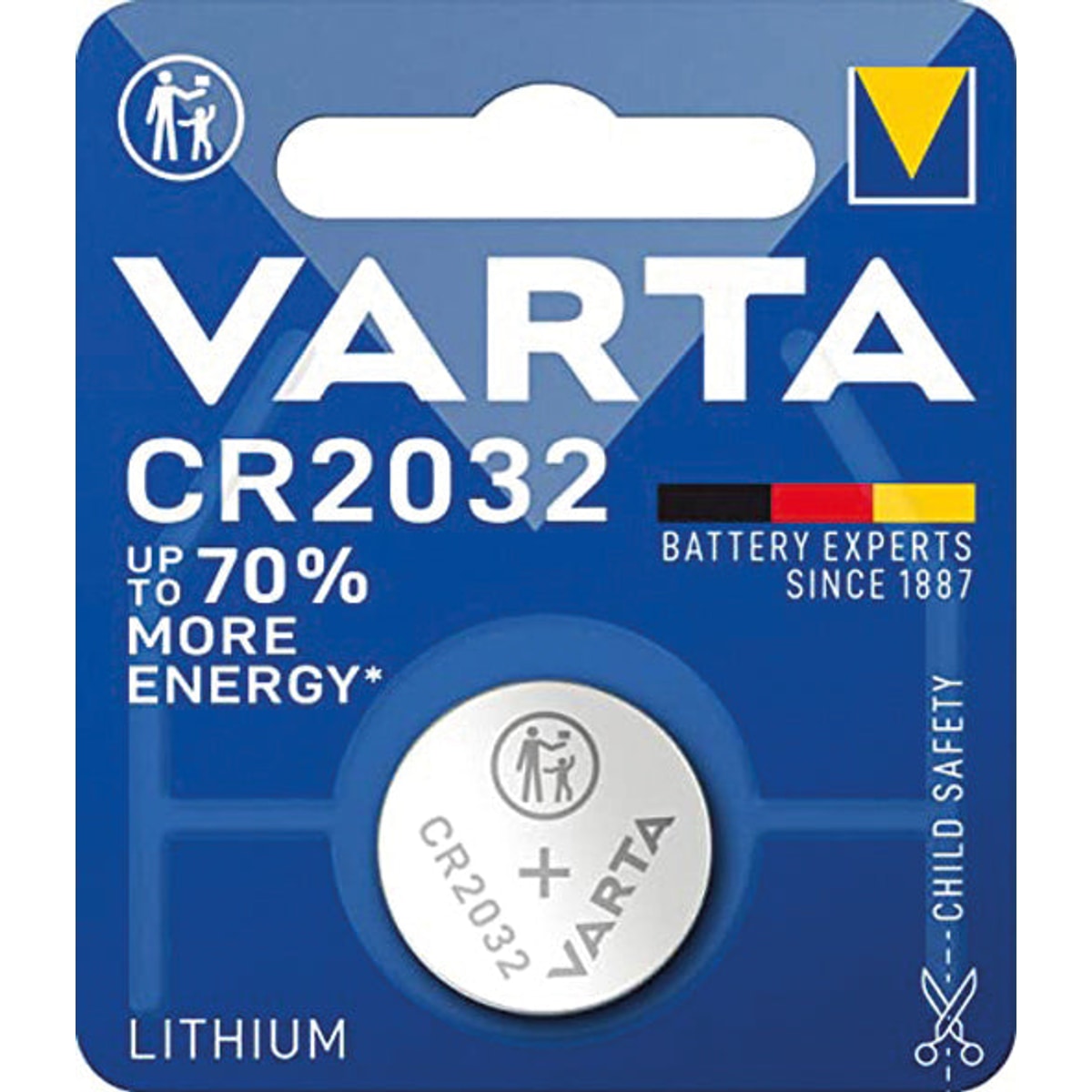 Pile bouton Varta CR2032, 1 pièce, carte incluse.