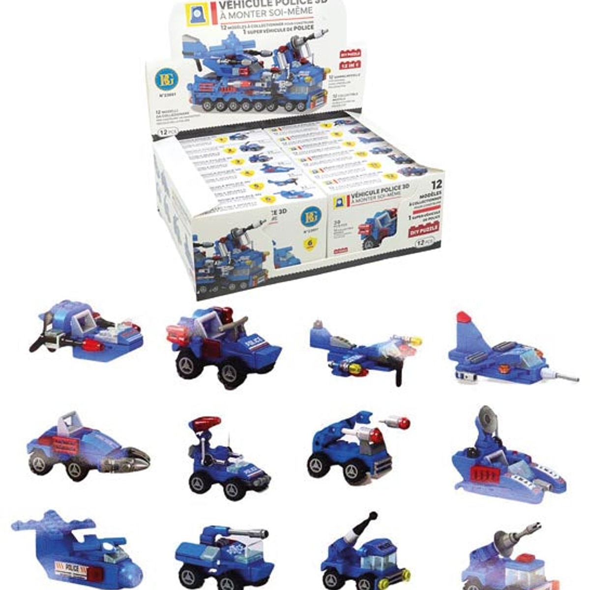 Blocs de construction exposés, thème police, 11,5 cm, 12 couleurs assorties.