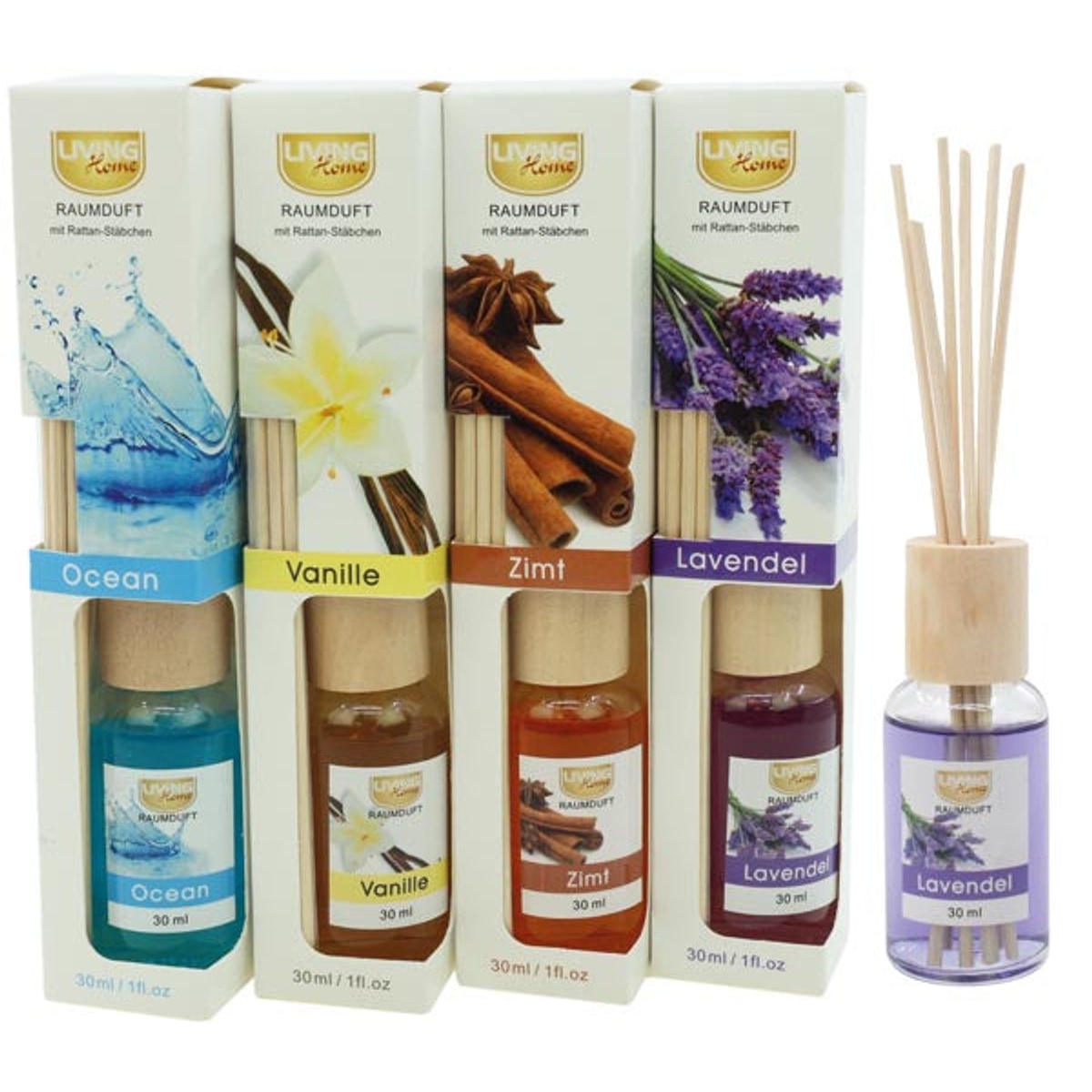Coffret de parfum d'ambiance 30ml avec bâtonnets de roseau, 4 assortis.