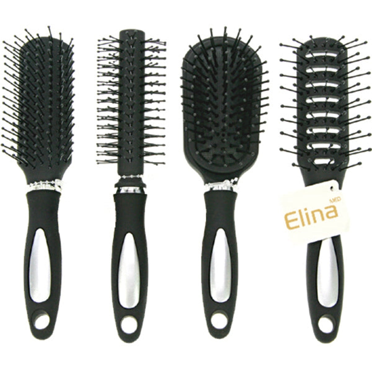 Brosse à cheveux avec manche caoutchouté, 17 cm, 4 têtes assorties.