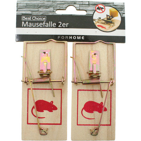 Lot de 2 pièges à souris en bois, chacun mesurant 9,5 x 4,8 cm, dans un sachet plastique.