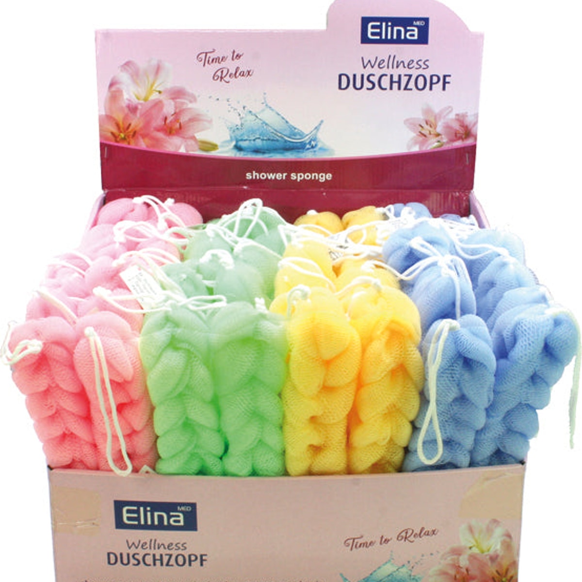 Tresse de bain et de douche à 2 boucles, 23x5cm, couleurs assorties.