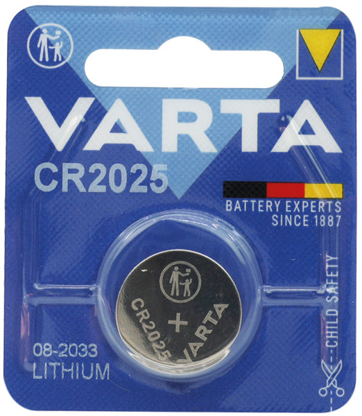 Pile bouton Varta CR2025, 1 pièce, carte incluse.