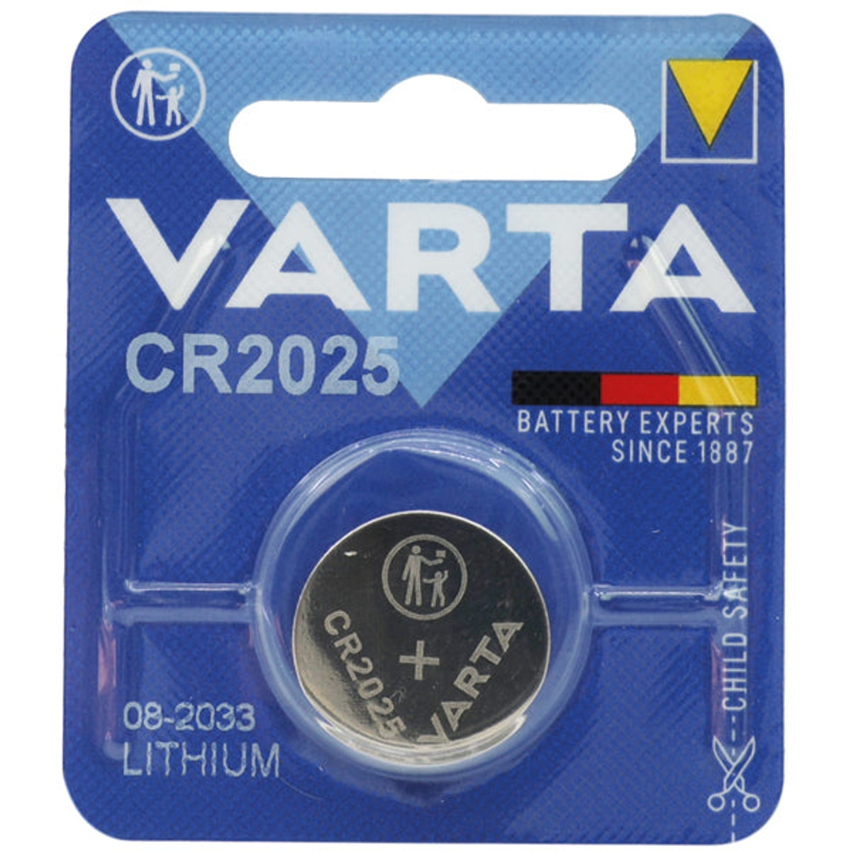 Pile bouton Varta CR2025, 1 pièce, carte incluse.