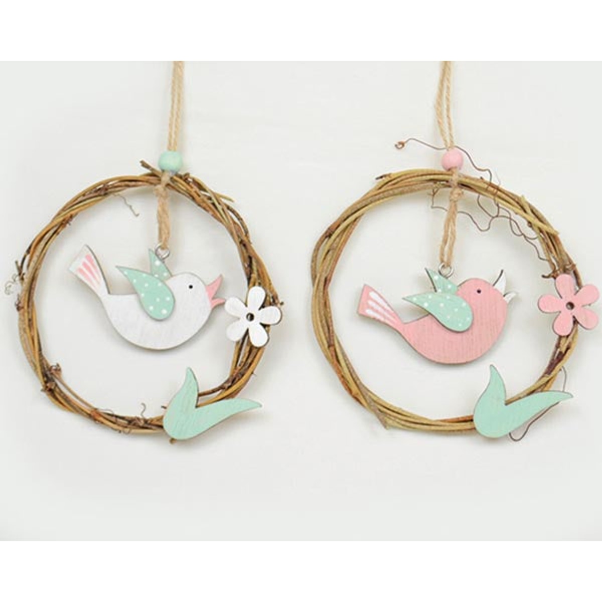 Couronne décorative avec petits oiseaux, 12x12cm, en bois
