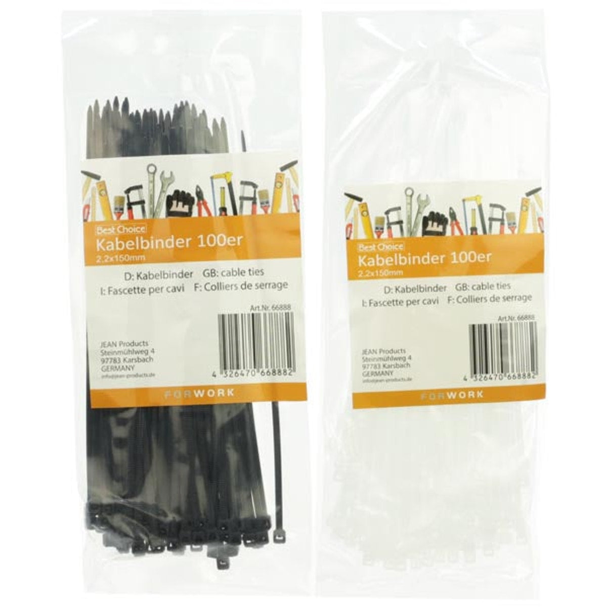 Colliers de serrage, 100 pièces, 2,2 x 150 mm, assortis noir/blanc
