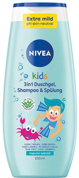 Gel douche 3 en 1 Nivea Kids (shampoing et après-shampoing) 250 ml