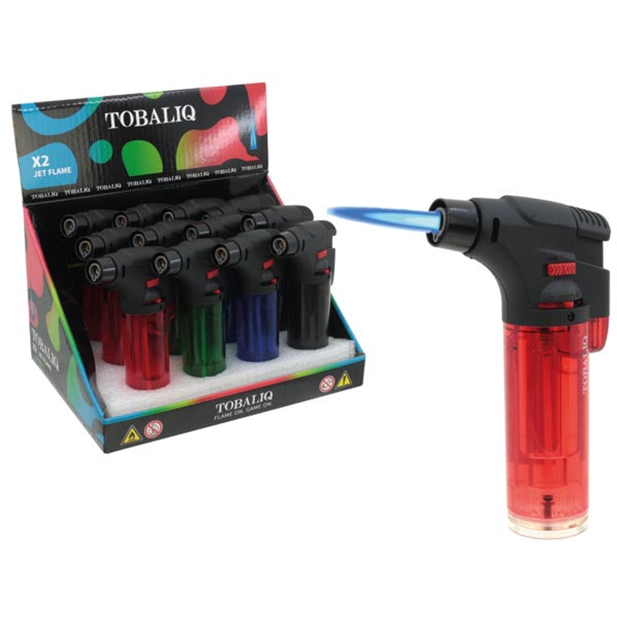 Briquet électrique Turbo à flamme bleue, lot de 12 en présentation.