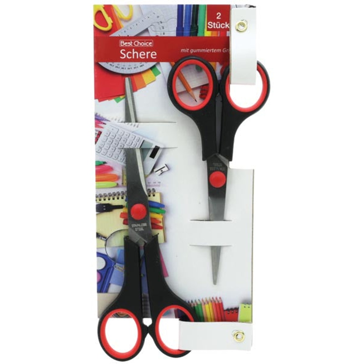 Lot de 2 paires de ciseaux (17 et 14 cm), avec poignées caoutchoutées, sous blister.