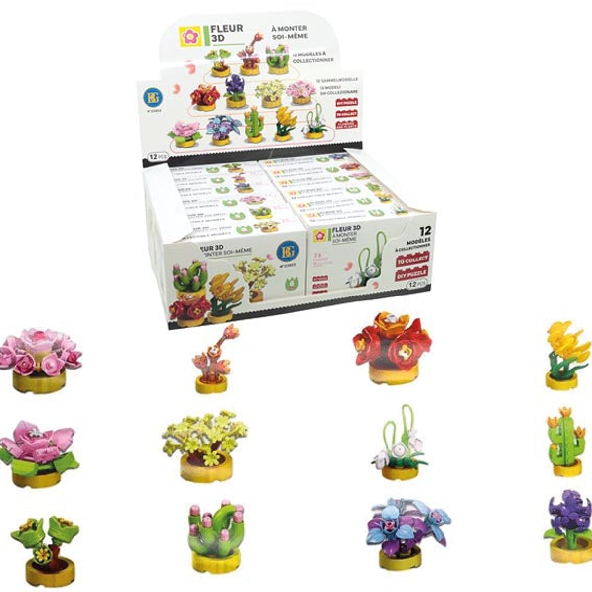 Blocs de construction en forme de fleur, 11,5 cm, 12 formes assorties différentes.