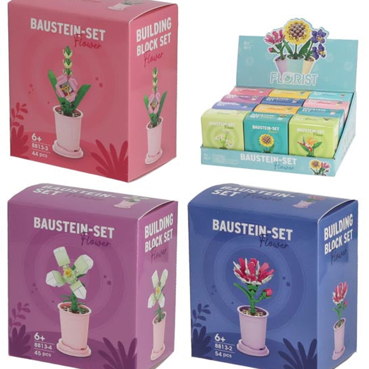 Jeu de construction, fleur en pot, 10 cm, 12 pièces, en présentoir, 30 à 40 pièces