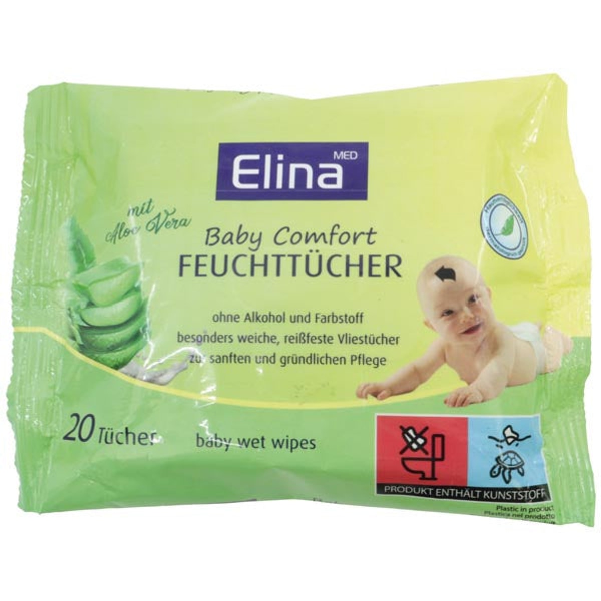 Lingettes pour bébé Elina à l'aloe vera, paquet de 20, 20 x 21 cm