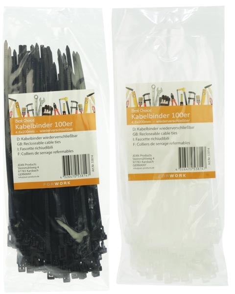 Attaches de câble, 100 pièces, 4,6 x 200 mm, assorties noir/blanc.
