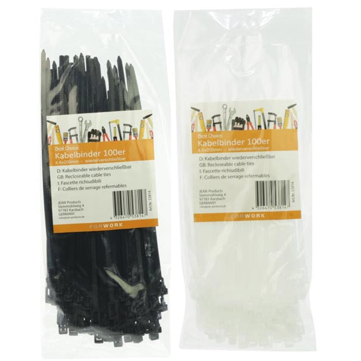 Attaches de câble, 100 pièces, 4,6 x 200 mm, assorties noir/blanc.