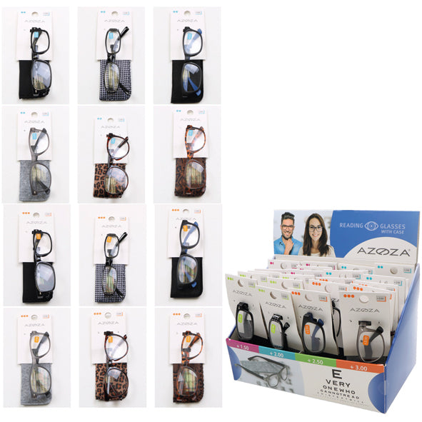 Lunettes de lecture avec étui présentées en vitrine, assorties en 6 modèles