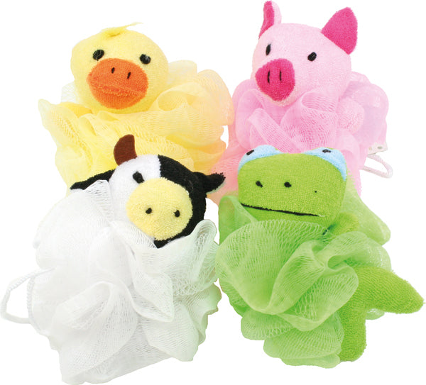 éponge de bain boule de douche forme animal 10 cm 4 plis assortis