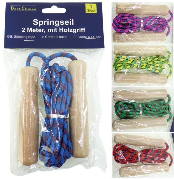 Corde à sauter de 2 m avec poignées en bois, en sachet plastique, couleurs assorties.
