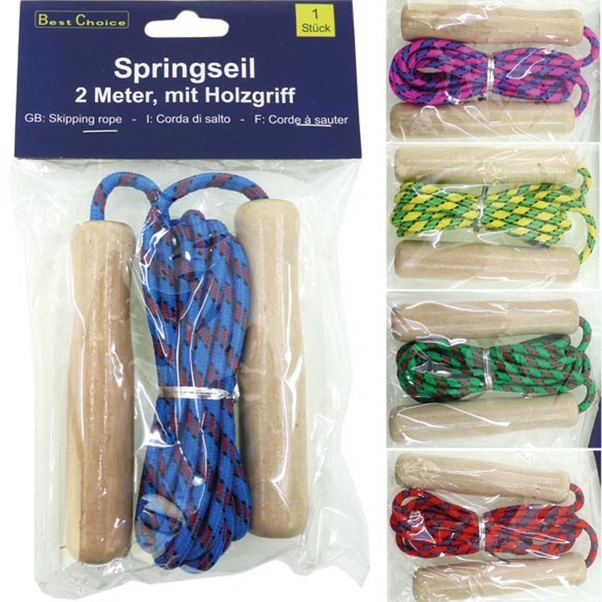 Corde à sauter de 2 m avec poignées en bois, en sachet plastique, couleurs assorties.