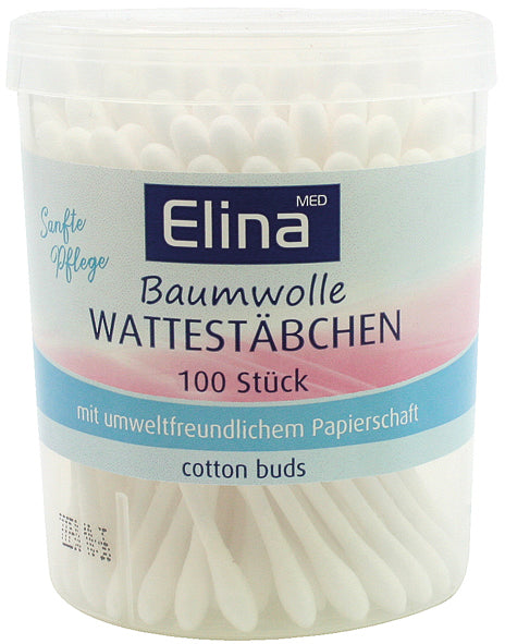 Cotons-tiges, 100 unités, marque Elina, dans une boîte ronde en métal.