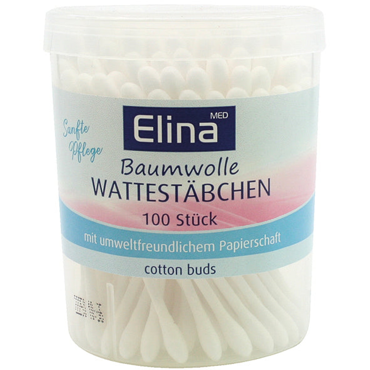 Cotons-tiges, 100 unités, marque Elina, dans une boîte ronde en métal.