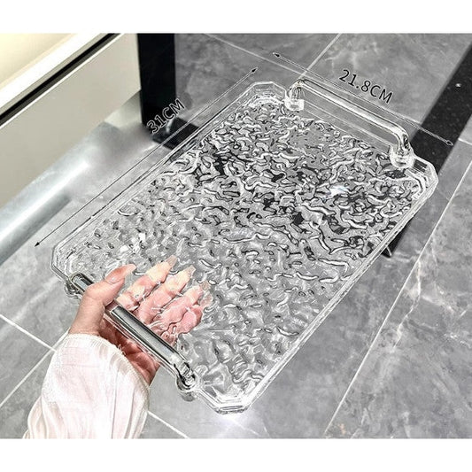 Plateau rectangulaire en plastique TRANSPARENT avec anses argentées