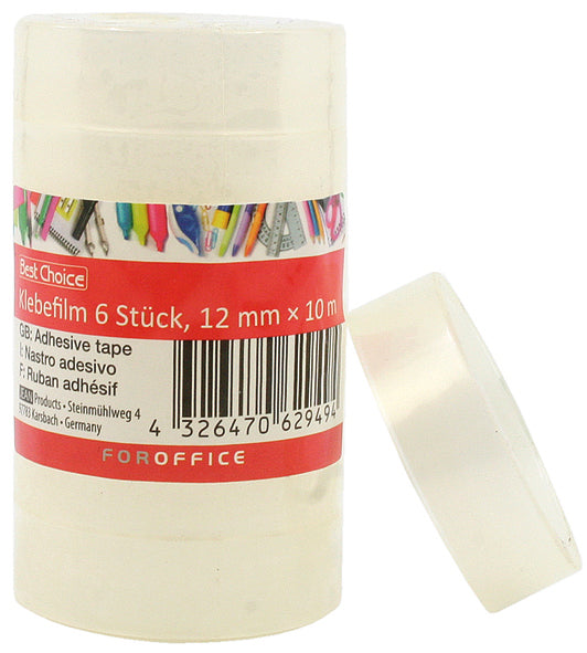 Film adhésif transparent, 6 rouleaux de 10 m x 12 mm chacun