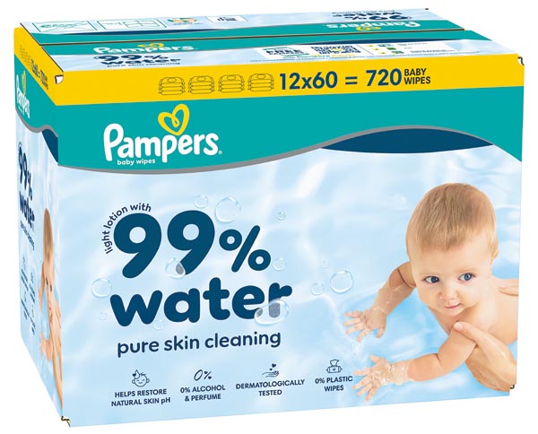 Lingettes pour bébé Pampers, 99 % d'eau, paquet de 12 x 60 lingettes