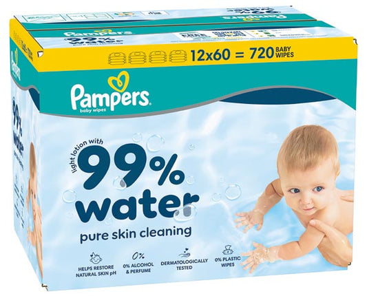 Lingettes pour bébé Pampers, 99 % d'eau, paquet de 12 x 60 lingettes