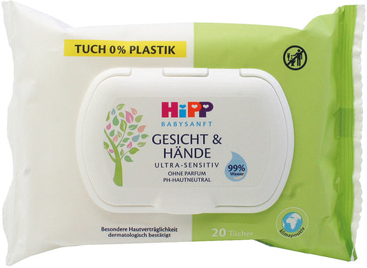 Lingettes douces Hipp Baby, paquet de 20, pour le visage et les mains