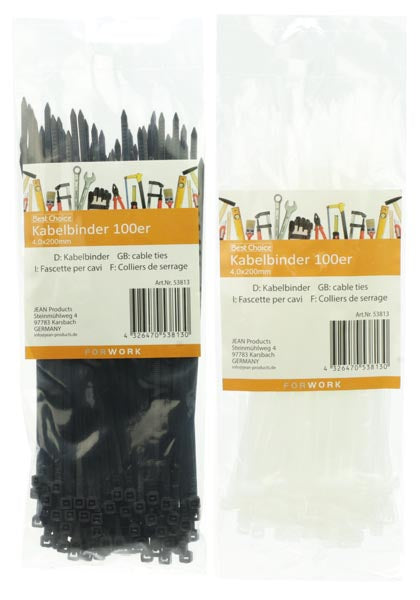 Colliers de serrage, 100 pièces, 4,0 x 200 mm, assortis noir/blanc