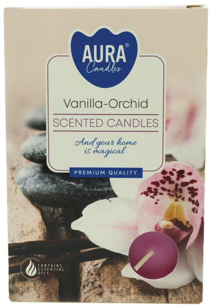 Bougies chauffe-plat parfumées à l'orchidée vanille, paquet de 6, dans une boîte pliable.