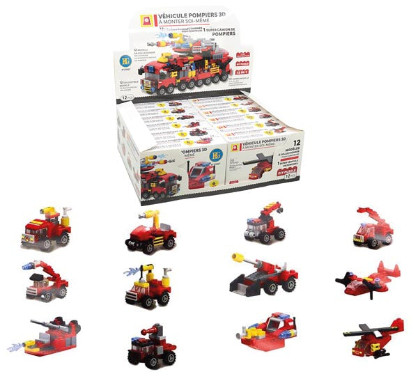 Blocs de construction exposés, pompiers, 11,5 cm, 12 modèles différents assortis.
