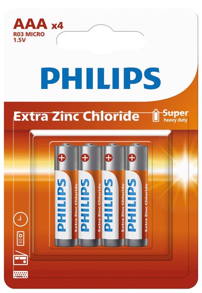 Piles PHILIPS R3 Micro AAA, paquet de 4 sur carte