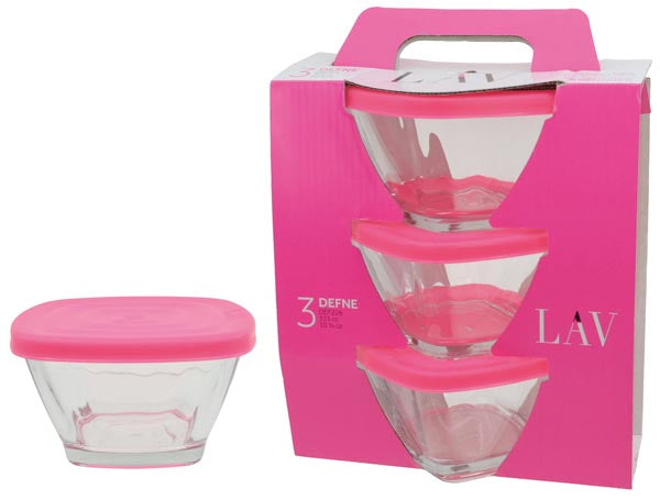 Bol en verre, 315 ml, avec couvercle rose, lot de 3