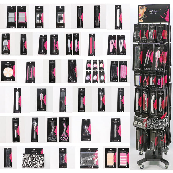 Assortiment de 480 produits de beauté sur un présentoir en métal