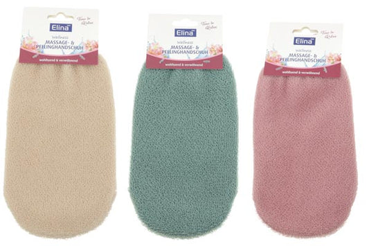 Gant de massage et d'exfoliation 21x11cm 3 couleurs assorties.