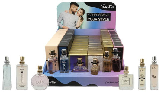 Parfum Sentio 15ml Présentoir-2, 60 pièces, 6 couleurs assorties.