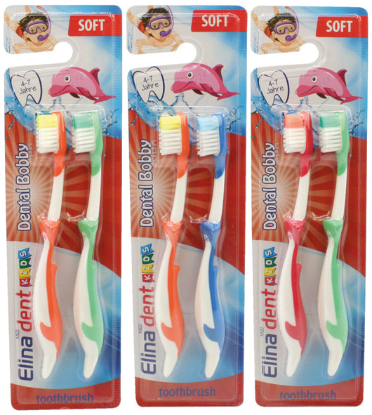 Brosse à dents enfant Elina, lot de 2, motif dauphin sur carte (assortiment)