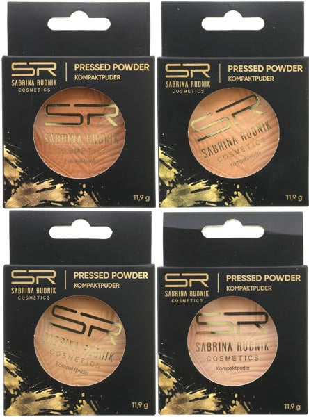 Poudre compacte cosmétique 11,5 g en boîte, 4 teintes assorties.