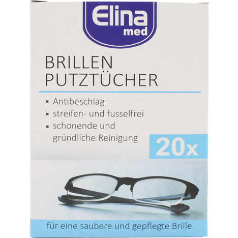 Lingettes nettoyantes pour lunettes Elina, 20 pièces en sachets individuels