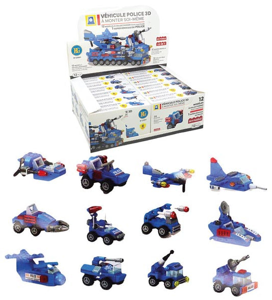 Blocs de construction exposés, thème police, 11,5 cm, 12 couleurs assorties.