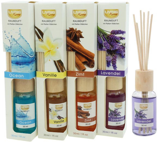 Coffret de parfum d'ambiance 30ml avec bâtonnets de roseau, 4 assortis.