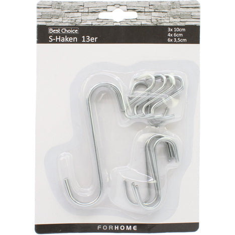 Crochets en forme de S, aspect acier inoxydable, 13 pièces par carte, 3 tailles