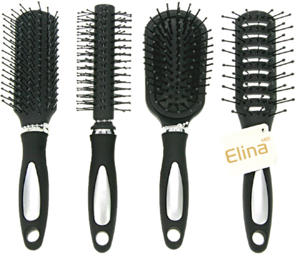Brosse à cheveux avec manche caoutchouté, 17 cm, 4 têtes assorties.