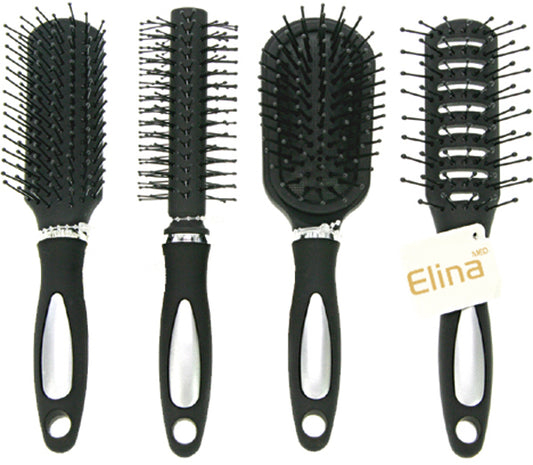 Brosse à cheveux avec manche caoutchouté, 17 cm, 4 têtes assorties.
