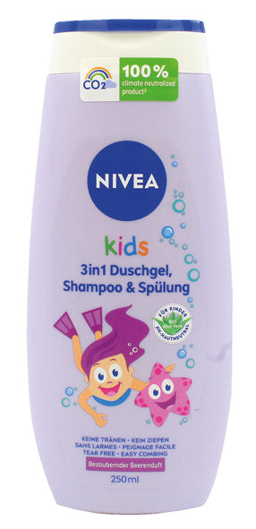 Gel douche, shampoing et après-shampoing 3 en 1 Nivea Kids 250 ml, parfum Baies