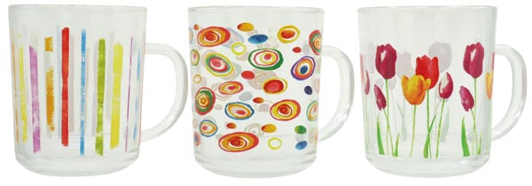 Mugs en verre XL, 200 ml, superbes motifs, 3 couleurs assorties
